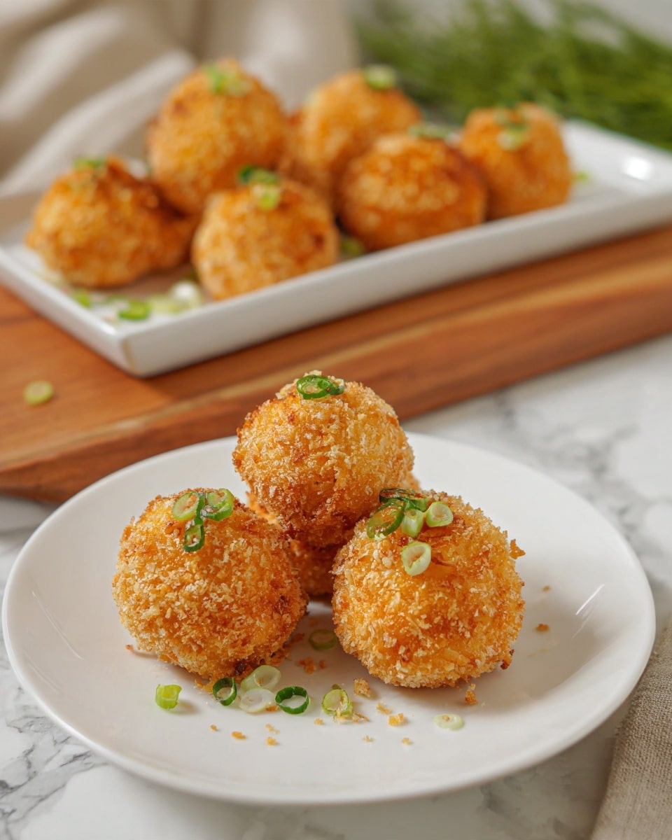 The image shows a white rectangular plate filled with about eight round, golden-brown fried balls that have a crunchy, coarse breadcrumb coating. Each ball has small green chopped herbs sprinkled on top, adding a touch of color. The plate is placed on a light wooden board, set against a white marbled surface. In the background, there is a stack of white plates, with two more fried balls placed on the top plate. On the left side of the image, a few green onions lay diagonally on the white marbled surface. The photo taken with an iphone --ar 4:5 --v 7