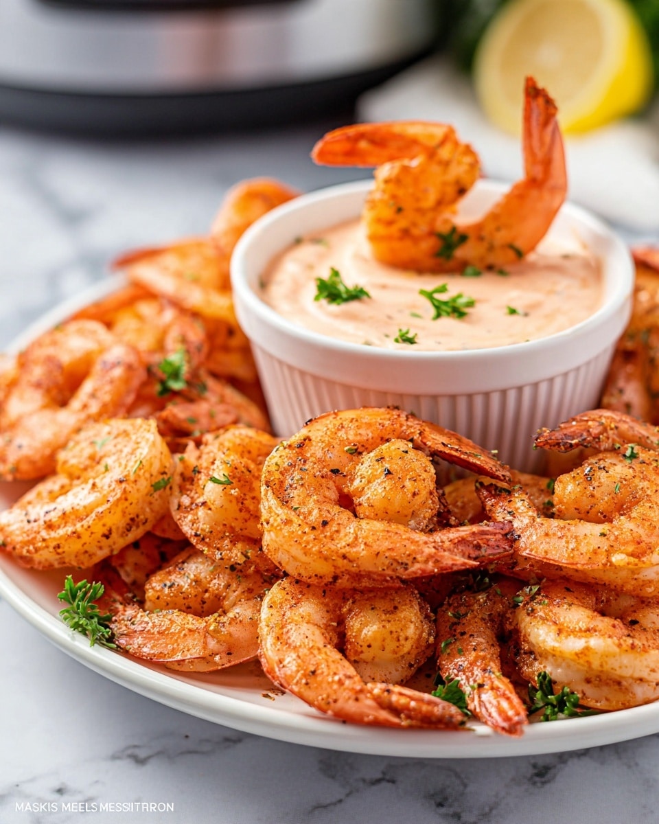 A large white plate holds a big pile of cooked shrimp, bright orange with a light coating of spices and black pepper, showing a slightly crispy texture. In the middle, there is a white bowl with creamy light orange dipping sauce topped with green parsley leaves. Some cooked shrimp rest on the rim of the bowl, curling inward. The scene is set on a white marbled surface with a blurred background, and a piece of yellow lemon can be seen partially in the background. photo taken with an iphone --ar 4:5 --v 7