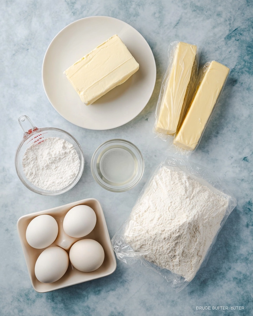 A top view of baking ingredients arranged on a white marbled surface: at the top center, a white plate holds a rectangular block of cream cheese with a smooth, soft texture; to the right, two sticks of yellow butter wrapped in paper lie side by side; below the plate, a small white bowl filled with a clear liquid sits next to a sealed plastic bag of white flour with visible creases; bottom left shows a glass measuring cup filled with white powdered sugar, and above it, a white ceramic tray holds four large pale beige eggs in two rows; the colors are soft and light, with the arrangement neat and evenly spaced, highlighting the smooth, powdery, and solid textures of the ingredients, photo taken with an iphone --ar 4:5 --v 7