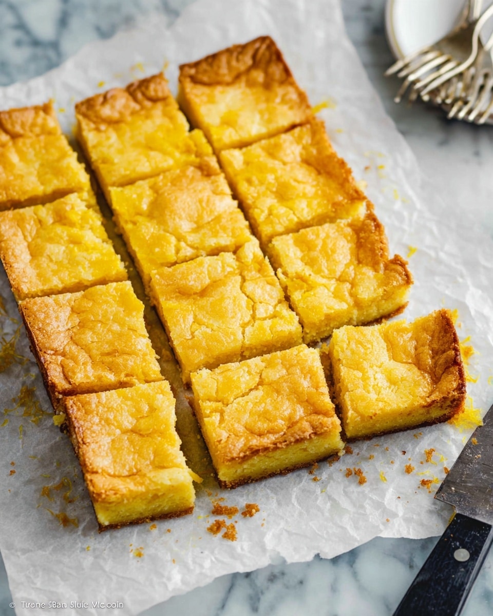 A block of 24 square lemon bars with a golden-yellow top layer that is cracked and slightly browned around the edges sits on white parchment paper. The bars have a thick, light yellow base layer underneath the crispier top, both visible from the side where a piece is missing. The bars rest on a white marbled surface next to a black-handled knife with a matching lemon-yellow residue on its blade, and a white plate with two forks is partially visible in the upper right corner. photo taken with an iphone --ar 4:5 --v 7