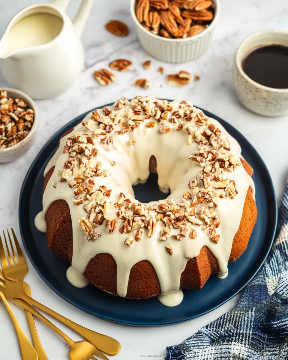 A round bundt cake with a light brown base layer sits on a dark blue plate, topped with a creamy white icing layer that drips slightly over the edges, sprinkled evenly with chopped pecans. The background is a white marbled surface with scattered pecans, a white bowl full of pecans, a white creamer jug with milk, a golden spoon, a cup of dark coffee in a white cup, and a white plate with golden forks visible around the cake. A plaid blue and white cloth is partially shown at the bottom right corner. photo taken with an iphone --ar 4:5 --v 7