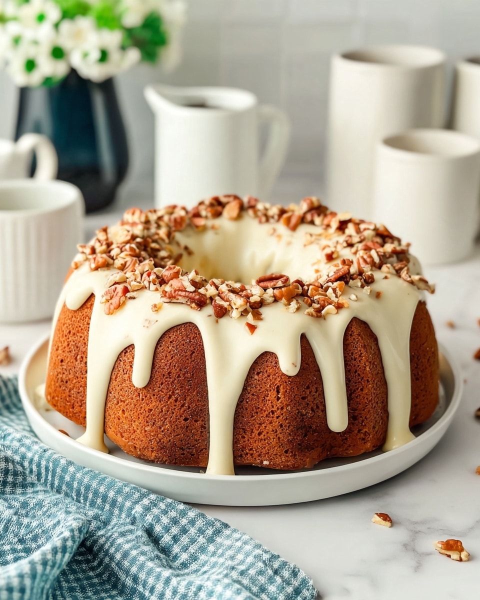 A single-layer round bundt cake with a warm brown color sits on a white plate, topped with thick, creamy white icing that slowly drips down the sides. The icing is sprinkled with a generous amount of chopped pecans, adding texture and variation in light and dark brown shades. The cake is set on a white marbled surface, with a soft blue and white checkered cloth partially visible in the foreground. In the background, blurred objects include two white mugs, a small white pitcher, a dark flower vase with white flowers, and white containers, creating a cozy kitchen scene. Photo taken with an iphone --ar 4:5 --v 7