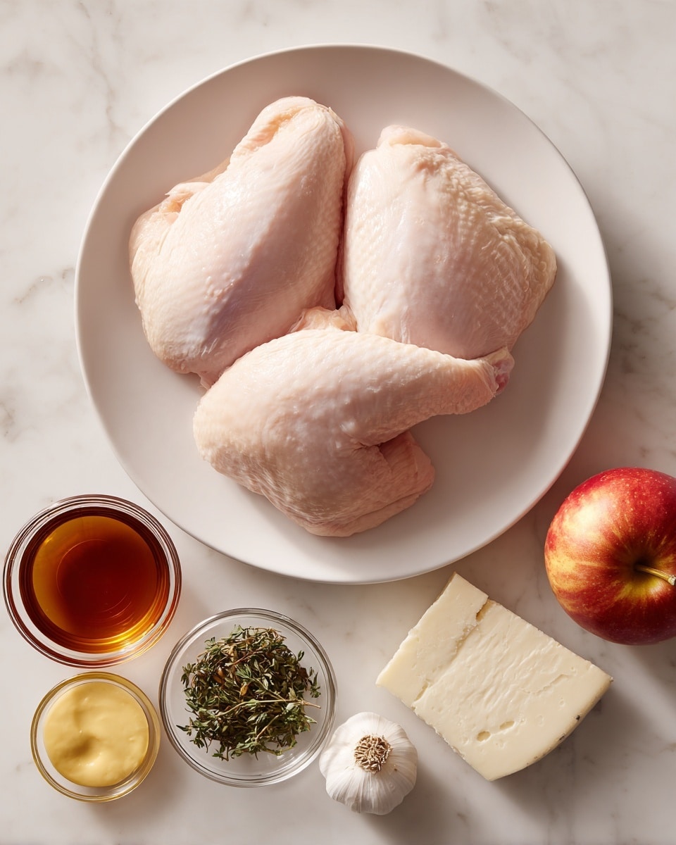 A white plate holds two raw chicken pieces, pale pink with smooth texture, placed on a white marbled surface. To the right of the plate sits a whole apple with red and yellow skin, next to a small white clove of garlic. Below the garlic is a wedge of white-brined cheese with a smooth outer rind. Near the bottom left, there’s a small clear bowl filled with dark amber syrup. Next to it, another small clear bowl contains dried greenish-brown thyme leaves, and beside that, a third bowl holds creamy yellow Dijon mustard. All items are arranged neatly on the white marbled background photo taken with an iphone --ar 4:5 --v 7