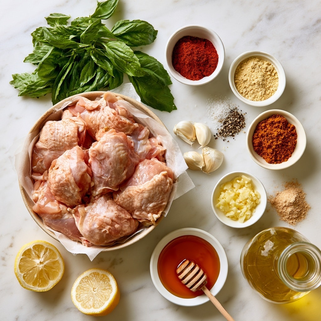 The image shows a flat lay of various cooking ingredients arranged on a white marbled surface. At the center-left is a round bowl lined with parchment paper filled with pink chicken thighs pieces. Above this bowl is a cluster of fresh green basil leaves. To the right, there are small white bowls with different spices: a reddish pile of smoked paprika, a light yellow mound of onion powder, white and black pepper mix, orange-brown cayenne, finely minced pale yellow garlic, and light brown garlic powder in a small bowl near the bottom. A glass container with golden olive oil stands at the bottom right. Two lemon halves with bright yellow skin and pale juicy interiors sit at the bottom left near basil. A small white bowl filled with amber honey holds a honey dipper resting inside. Whole garlic bulbs add texture near the middle right. The ingredients are nicely spaced and clearly labeled, set against the clean white marble background photo taken with an iphone --ar 4:5 --v 7