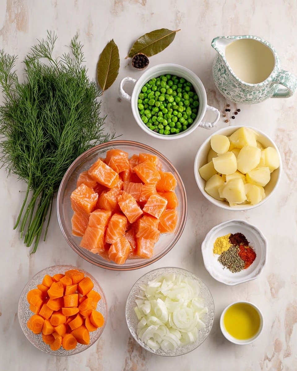 The image shows ingredients laid out on a white marbled surface, including a clear plastic container filled with bright orange salmon chunks in the center. Above the salmon, there are two bay leaves with some black peppercorns beside them. To the left of the salmon, there is a bunch of fresh green dill. Above the dill, a white bowl holds peeled, chopped potatoes in large pieces, and next to it, a white measuring cup is filled with frozen green peas. Above the peas, a white patterned jug contains cream. To the right of the jug, a crystal bowl holds bright orange carrot slices. Below the carrots, another crystal bowl shows chopped white onions. Nearby on the right, there are two small white dishes, one with a pale yellow olive oil and the other with red and yellow spices. The photo was taken with an iphone --ar 4:5 --v 7