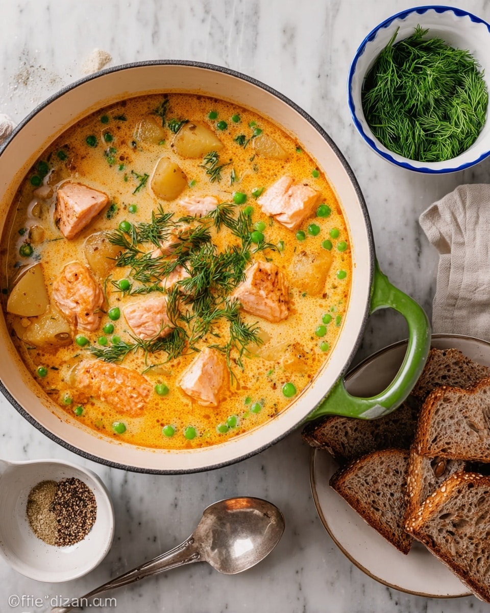 A large white pot with green handles holds a creamy orange soup with visible green peas scattered throughout. In the front right of the pot, several chunks of cooked salmon along with a piece of potato sit atop the liquid. Fresh dill is sprinkled over the center of the soup. To the right of the pot, a stack of four pieces of toasted brown bread rests on a white marbled surface, with a blue-edged white bowl filled with more fresh dill nearby. At the bottom of the image, a small bowl of coarse spices and a white bowl with a silver spoon are positioned on the same white marbled surface. The photo taken with an iphone --ar 4:5 --v 7