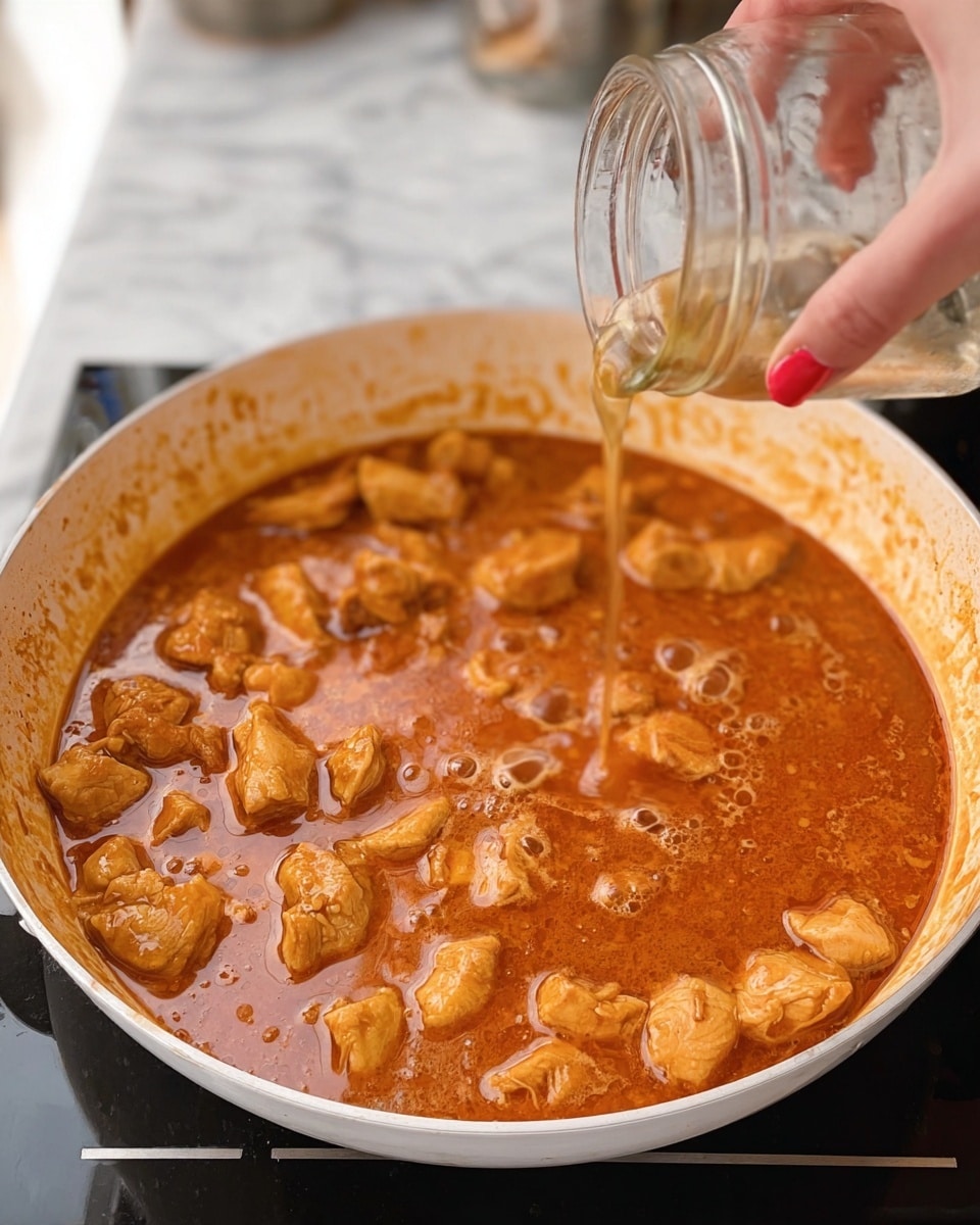 A white pan filled with several small pieces of light brown cooked chicken simmering in a thick, shiny orange-red sauce, with visible bubbles on the sauce surface. A woman's hand is pouring a clear liquid from a glass jar into the pan on the bottom right side. The pan sits on a black stove with a white marbled textured surface around it. photo taken with an iphone --ar 4:5 --v 7