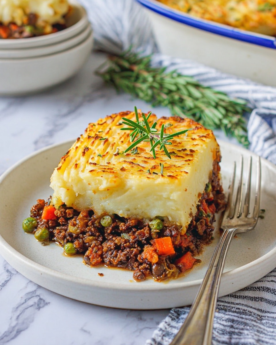 A square slice of shepherd's pie is served on a white plate with a white marbled surface underneath. The dish has two layers: the bottom layer is dark brown minced meat mixed with small orange carrot pieces and green peas, appearing chunky and textured. The top layer is a thick, golden-brown mashed potato crust, both smooth and slightly ridged with a lightly toasted look. A small sprig of fresh green herb, likely rosemary, rests on top. In the background is a white bowl with a blue rim and a silver fork lies beside the plate. Fresh green herb sprigs and a striped cloth napkin are placed nearby. Photo taken with an iphone --ar 4:5 --v 7