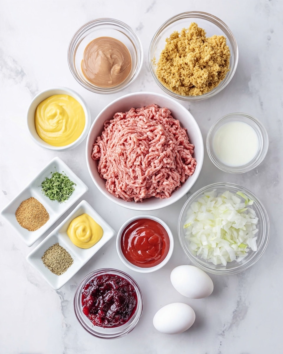 The image shows nine bowls and two eggs arranged neatly on a white marbled surface. At the center is a large white bowl filled with raw ground meat, its pink and slightly textured look visible with lines on top. To the right, a clear glass bowl holds crumbled yellow and brown dry bread mixed with herbs. Below it, a small light gray bowl contains smooth red ketchup. Below the main bowl on the left is a small white bowl with bright yellow mustard, beside it a small white dish divided into four sections holding green herbs, yellow seasoning, black pepper, and light brown powder. Near the bottom center is a small clear glass bowl with chunky dark red cranberry sauce. At the bottom right, two white eggs rest on the surface. Other small white bowls hold white chopped onions, light brown sugar, a whitish creamy liquid, and a white liquid, each with smooth textures. The whole scene is bright with a clean look, focused from above. photo taken with an iphone --ar 4:5 --v 7