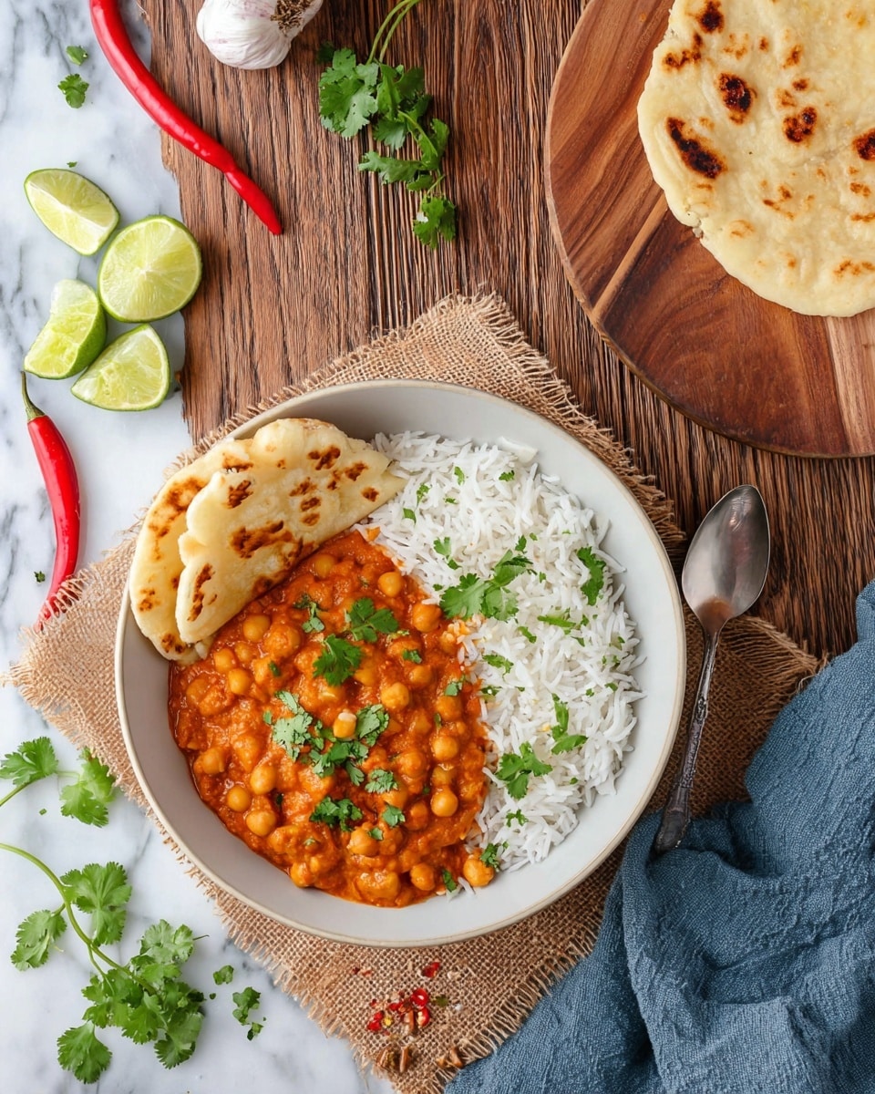 A white bowl contains a dish with two layers: the bottom layer is white rice with a soft texture, and the top layer is a thick orange chickpea curry sauce garnished with fresh green cilantro leaves. On the left side inside the bowl, two pieces of torn flatbread rest against the curry, showing a light golden toasted surface. The bowl sits on a piece of brown burlap and a white marbled surface. Around the bowl on the white marbled surface are bright red chili peppers, halved green lime pieces, a garlic bulb with cloves, a silver spoon, and some green cilantro sprigs. Above the bowl is a wooden board with a round piece of toasted flatbread and two red chili peppers, and next to it is a folded blue cloth. photo taken with an iphone --ar 4:5 --v 7