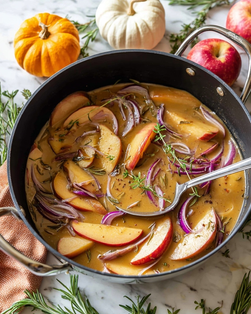 A black pan filled with a warm sauce that has a light brown color and smooth texture. Inside the sauce, there are thick slices of apple with red and yellow skin, and thin strips of purple onion, all mixed together. Fresh green rosemary leaves are scattered on top, adding a touch of green. A large silver spoon rests inside the pan, slightly covered with the sauce. Around the pan, there are small white and orange pumpkins, an apple with red and green skin, and sprigs of rosemary, all placed on a white marbled surface. Photo taken with an iphone --ar 4:5 --v 7