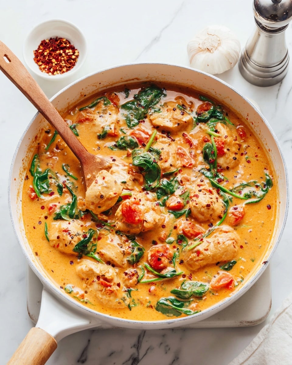 A white pan filled with creamy orange sauce with visible specks of seasoning, chunks of cooked chicken, wilted green spinach leaves, and soft, diced red tomatoes. The sauce covers the chicken evenly, showing its tender texture beneath. A wooden spoon rests inside the pan, partially submerged in the sauce. Near the pan is a small white bowl with crushed red chili flakes and a white garlic bulb on a white marbled surface. There is also a silver pepper grinder visible to the right side of the pan. Photo taken with an iphone --ar 4:5 --v 7