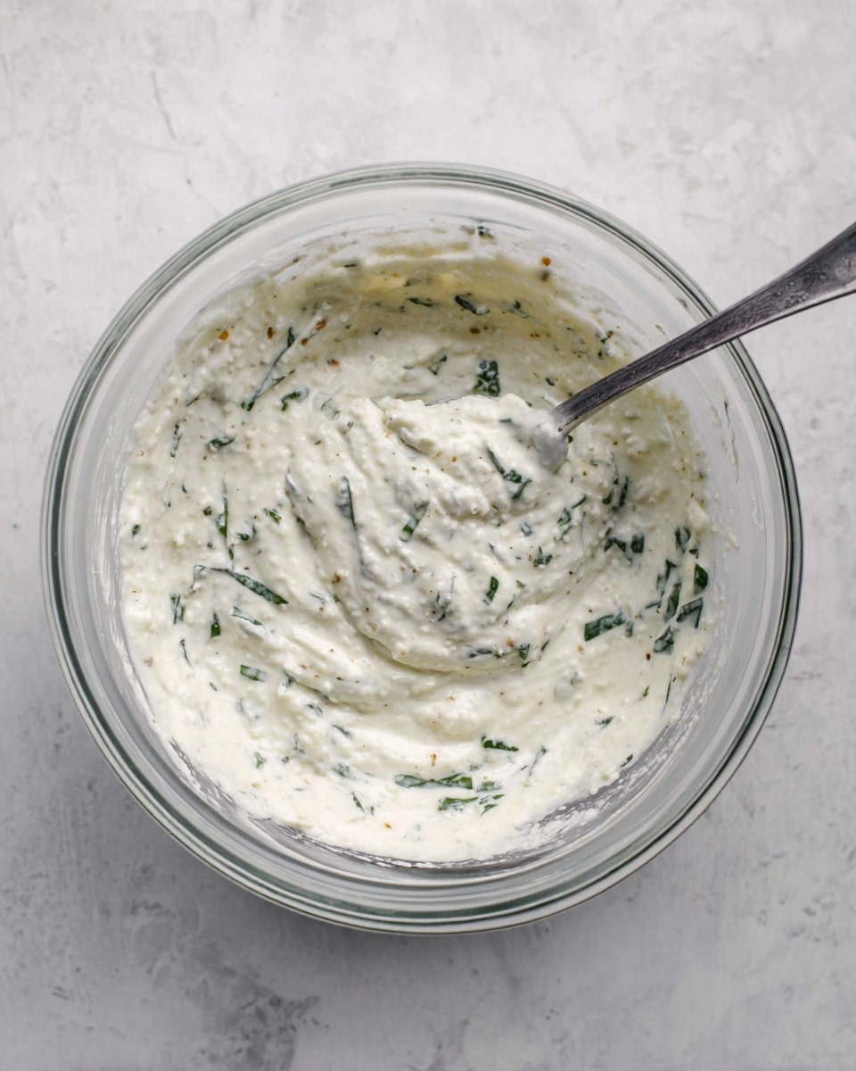 A clear glass bowl filled with a white creamy mixture, dotted with small green leafy pieces evenly spread throughout the mixture, and a metal spoon partially dipped inside with some mixture on it. The bowl sits on a white marbled surface, giving a clean and fresh look. The texture of the mixture looks soft and slightly grainy with some small bits of ingredients visible. Photo taken with an iphone --ar 4:5 --v 7