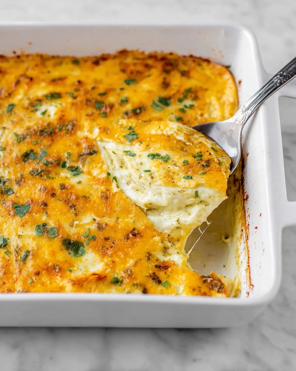 A white rectangular baking dish holds a cheesy baked casserole with three visible layers: the bottom layer is light yellowish with a firm texture, the middle layer appears white and creamy, and the top layer is a golden yellow melted cheese spread unevenly with green herb pieces scattered on top. To the right side, a spoon scoops a serving, showing the layers and some melted cheese strands. The background surface is white marble. photo taken with an iphone --ar 4:5 --v 7