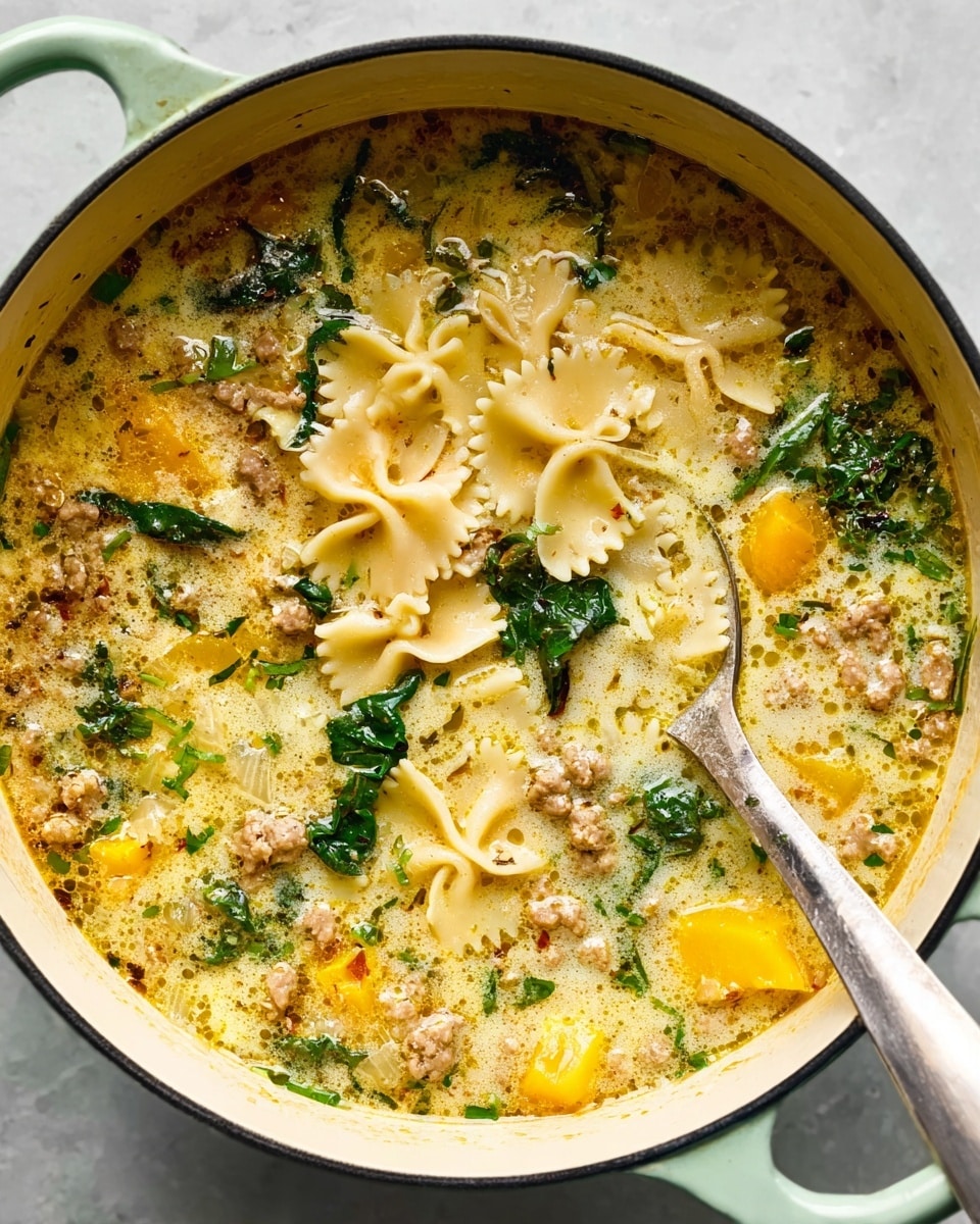 A close-up of a creamy soup in a light green enamel pot with a silver spoon inside; the soup has three layers: a creamy yellow broth base with a slightly frothy texture, mixed with small browned ground meat bits and green leafy vegetables scattered throughout, and wide wavy-edged pasta pieces floating around, some showing a pale beige color with a bit of soaked translucency and others a deeper yellow from cooked squash chunks; the white marbled surface underneath adds a clean contrast photo taken with an iphone --ar 4:5 --v 7