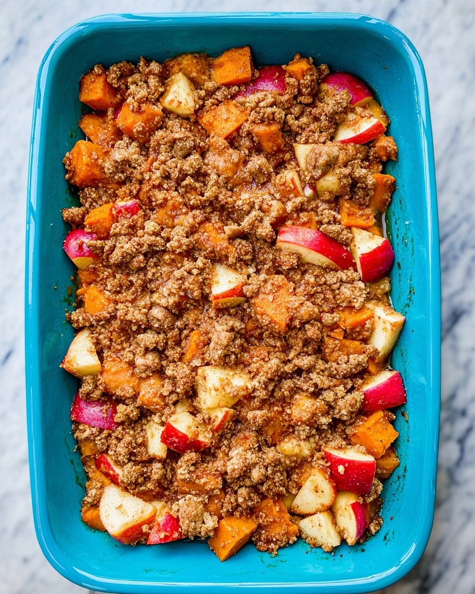 A turquoise rectangular baking dish filled with a mix of two layers: the bottom layer has chopped apple pieces with red skin and white inside, mixed with chunks of soft orange sweet potato, both unevenly spread. On top, a crumbly tan to light brown streusel topping scattered thickly over the fruit, with a textured, grainy look that covers most of the surface but leaves some fruit showing through. The dish is placed on a white marbled surface. Photo taken with an iphone --ar 4:5 --v 7