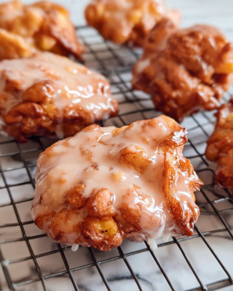 The image shows several pieces of fried apple fritters placed on a black metal cooling rack over a white marbled surface. Each fritter has an uneven, crispy golden-brown base layer with visible chunks of apple inside. The top layer is a shiny, light beige glaze that covers the fritters unevenly, dripping down the sides and pooling slightly underneath them. The texture of the fritters is rough with some crags and crevices, while the glaze adds a smooth, glossy finish. photo taken with an iphone --ar 4:5 --v 7