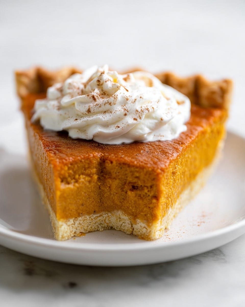 A slice of pumpkin pie is shown on a white plate, placed on a white marbled surface. The pie has three visible layers: the bottom layer is a thin, golden-brown crust with a slightly crumbly texture; the middle and largest layer is a thick, smooth pumpkin filling in a rich orange color with a slightly spongy texture; the top layer is a white swirl of whipped cream sprinkled lightly with brown cinnamon powder, sitting neatly in the center on top of the pumpkin filling. Photo taken with an iphone --ar 4:5 --v 7