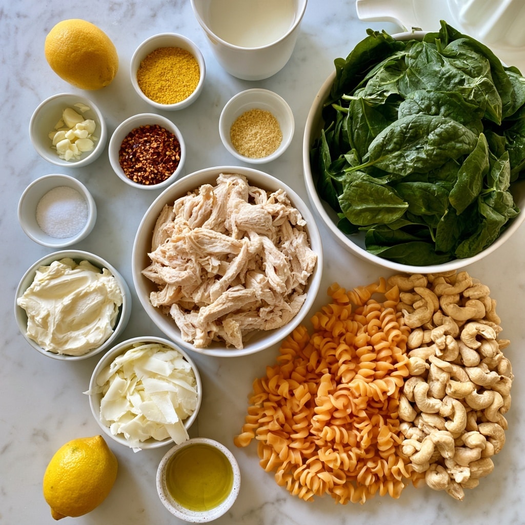 The image shows a top-down view of various ingredients arranged neatly on a white marbled surface. In the center is a white bowl filled with light beige shredded chicken. To the right of it is a large white bowl containing fresh, dark green spinach leaves. Below the spinach, another white bowl holds pale orange gluten-free spiral pasta. Next to the pasta is a bowl of raw unsalted cashews in a creamy tan color. To the left of the chicken are two smaller white bowls, one with creamy white Kite Hill cream cheese and the other with white mozzarella cheese shreds. Above the chicken are small white bowls with yellow nutritional yeast and crushed red pepper flakes in dark red and orange tones. At the very top, a white cup holds almond milk, creamy white in color. Additional small bowls hold minced garlic (light yellow), salt (white), and garlic powder (off-white). A lemon half with bright yellow flesh and a small bowl with olive oil in golden yellow are also set around. A white juicer sits near the lemon, completing the neatly organized spread. photo taken with an iphone --ar 4:5 --v 7