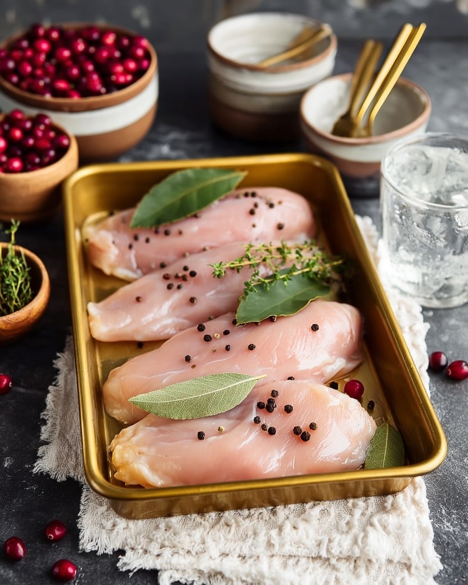 The image shows three raw pale pink chicken fillets arranged in a gold tray placed over a textured white cloth on a dark surface with a white marbled texture. Each fillet is sprinkled with small round black peppercorns and decorated with a large green bay leaf on top or to the side. Around the tray, there are small wooden bowls filled with bright red cranberries and green herbs, a stack of white and brown bowls, a glass of water partially filled, and gold-colored cutlery resting on a stack of white folded cloth napkins. photo taken with an iphone --ar 4:5 --v 7