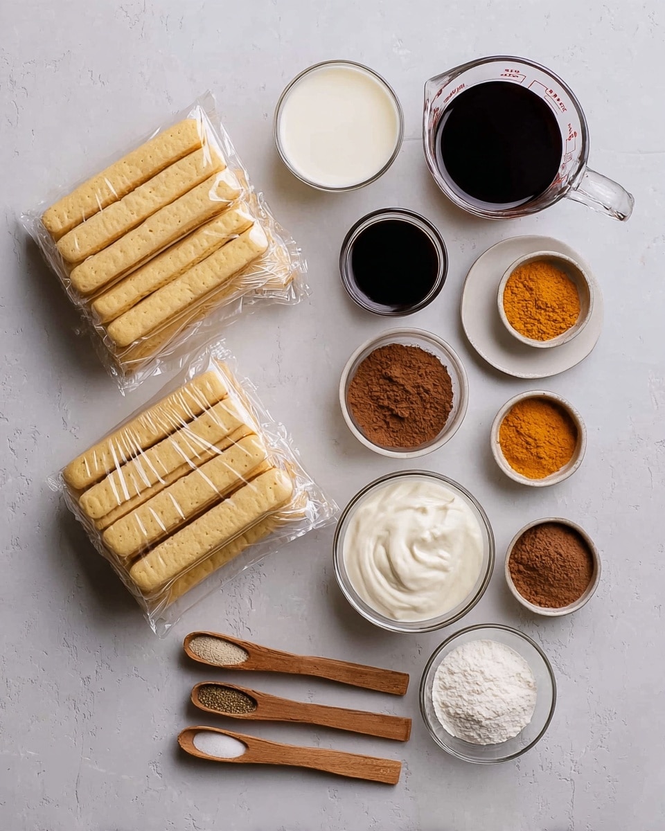The image shows a collection of ingredients neatly arranged on a white marbled surface. There are three stacks of light yellow rectangular biscuits in clear plastic wrapping, two glass measuring cups - one filled with dark liquid and another with white liquid, two small white bowls containing a thick cream or yogurt, several small glass bowls with brown powder spices and white powder, and wooden measuring spoons holding different shades of brown powders and a bright orange powder. The setup is clean and organized, ready for cooking or baking. Photo taken with an iphone --ar 4:5 --v 7