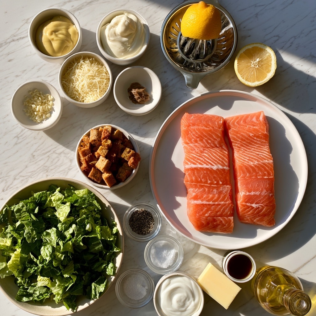 The image shows various ingredients arranged neatly on a white marbled surface. On the right center, a white plate holds four bright pink salmon fillets with visible white lines of fat. Above them is a metal citrus juicer holding a bright yellow lemon half, with another lemon half placed nearby. To the left and top of the salmon are small white bowls filled with pale yellow Dijon mustard, creamy white mayo, grated pale yellow Parmesan cheese, finely chopped garlic, and a small amount of brown anchovy paste. Below these bowls is a small white bowl filled with golden-brown gluten-free croutons. On the bottom left is a shallow white bowl filled with fresh green chopped Romaine lettuce. To the right of the lettuce bowl, smaller clear and white bowls hold ground black pepper, white salt, creamy white Greek yogurt, pale yellow butter, Worcestershire sauce, and golden olive oil in a glass bottle. All elements are spaced evenly with soft natural light, photo taken with an iphone --ar 4:5 --v 7