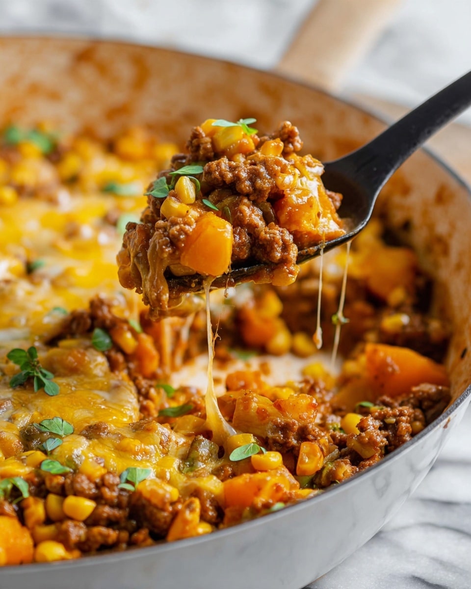 A close-up view of a white pan filled with a warm dish showing three main layers: the bottom layer has small pieces of cooked ground meat in brown, the middle layer is made of yellow and orange chunks of vegetables mixed with yellow corn kernels, and the top layer has melted cheese stretching from the pan to a black spoon lifting a serving. Small green herb leaves are scattered over the food, adding a fresh contrast. The pan sits on a white marbled surface, and the focus is on the spoonful of food with the background softly blurred. Photo taken with an iphone --ar 4:5 --v 7