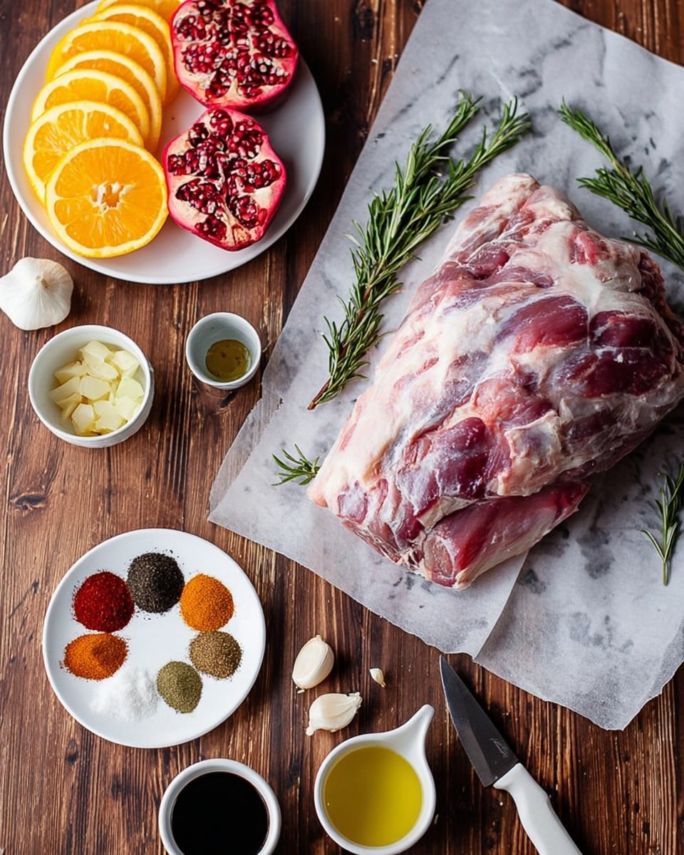 A large raw piece of lamb covered lightly with white fat is placed on white parchment paper over a worn wooden table. Around the lamb, there are three rosemary sprigs and sliced pomegranate halves showing red seeds. To the left of the lamb, thin slices of orange and lemon are stacked in neat layers. Below the lamb, a white round plate holds seven piles of spices in colors including red, brown, green, black, and yellow, arranged like a wheel. Nearby, small white bowls contain dark liquid, golden oil, and a light orange paste. A square white bowl below has peeled garlic cloves and a whole white onion. A knife with a white handle lies on the table to the right. The surface beneath everything is a wood table but the background behind the lamb is white marbled texture. Photo taken with an iphone --ar 4:5 --v 7