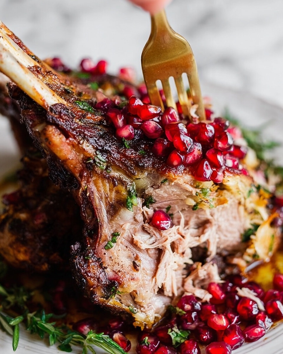 The image shows a close-up of a cooked roasted lamb rack with the outer browned crust and crispy skin, revealing the tender, juicy, and shredded inside meat that is light brown with fibrous texture. The lamb is garnished with bright red pomegranate seeds scattered on top and around it, adding a fresh pop of color. There are hints of green herbs sprinkled on the meat and mingled with the pomegranate seeds. The dish sits on a white plate, all placed on a white marbled background. A golden fork pierces into the meat from above, with a woman's hand holding a piece of lamb from the top left. photo taken with an iphone --ar 4:5 --v 7