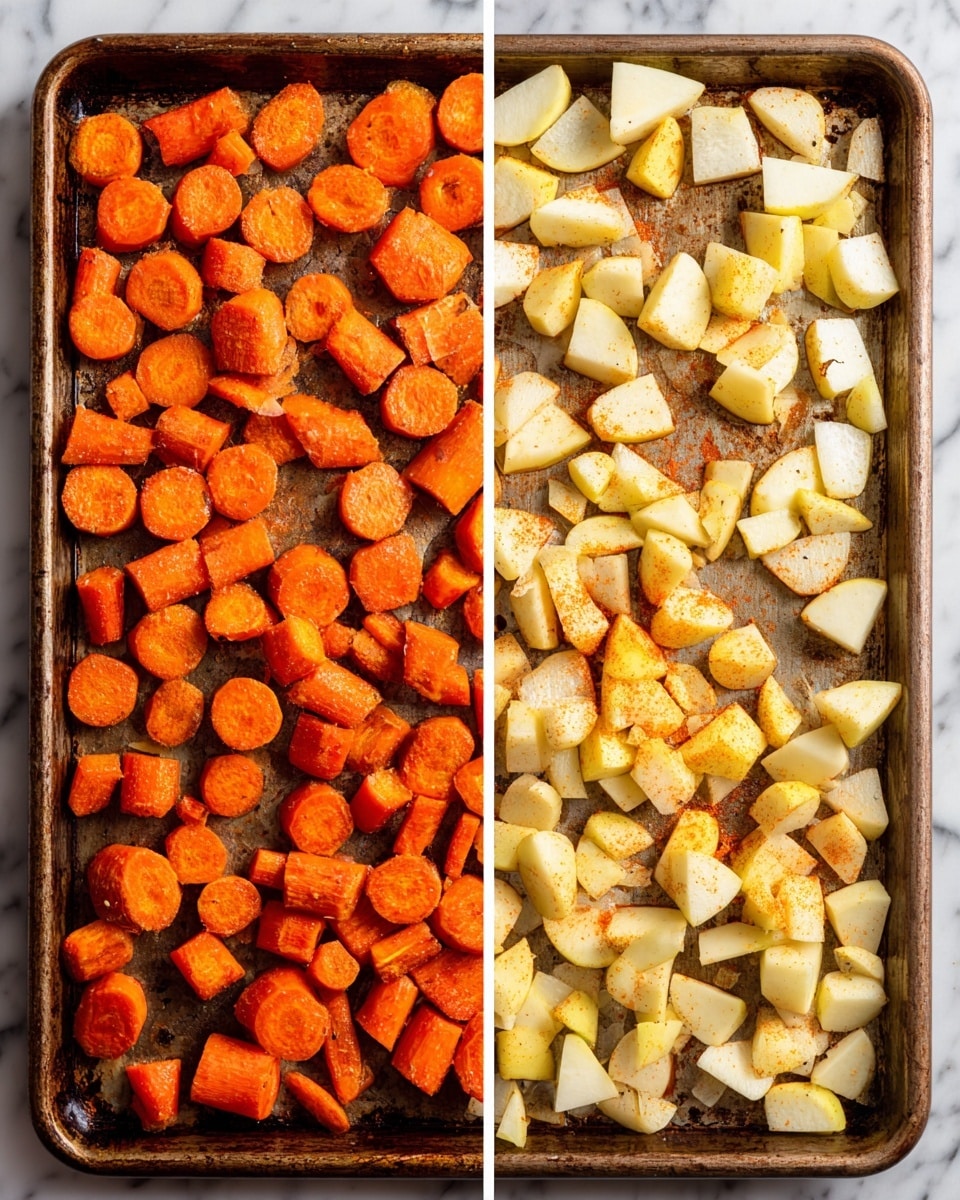 The image shows two side-by-side views of a baking tray on a white marbled surface. On the left side, the tray holds roasted carrot pieces in a mix of round and chunk shapes with a bright deep orange color and slightly shiny texture from oil and seasoning. On the right side, the same tray has the same carrot pieces topped with pale yellow and off-white chunks of peeled apple, displaying a rough texture and uneven shapes scattered all over the carrots. Photo taken with an iphone --ar 4:5 --v 7