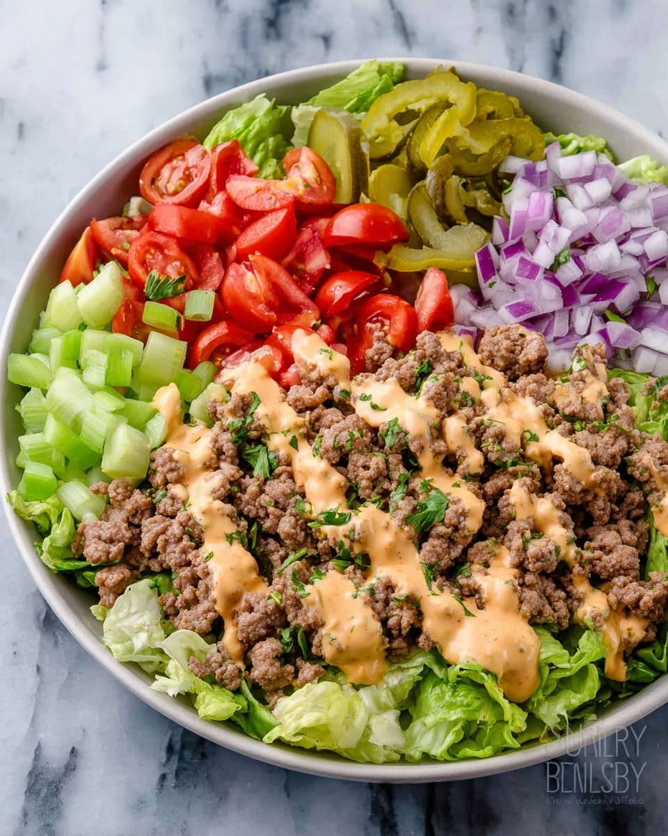 A bowl filled with five main layers arranged side by side: bright green chopped lettuce as the base layer, topped with small pieces of cooked ground meat with a slightly crumbly texture in the center, a row of halved red cherry tomatoes to the left, small diced purple onions in the bottom left, and chopped green pickles in the top left. The ground meat has light orange dressing drizzled over it and some fresh green herb pieces sprinkled on top. The bowl is white, set on a white marbled surface. Photo taken with an iphone --ar 4:5 --v 7