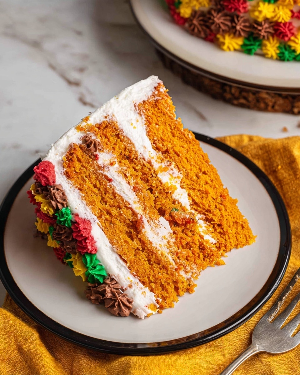 A slice of two-layer orange cake sits on a white plate with a black rim, placed on a white marbled surface. The cake layers are moist and textured with a warm orange color. Between the layers is a thick spread of smooth white cream. The outside edge of the cake slice is decorated with small dollops of frosting in chocolate brown, red, green, and orange colors, adding a festive touch. The top right part of another similarly decorated cake is visible at the top right corner of the image. A silver fork lies on a yellow cloth napkin next to the plate. Photo taken with an iphone --ar 4:5 --v 7