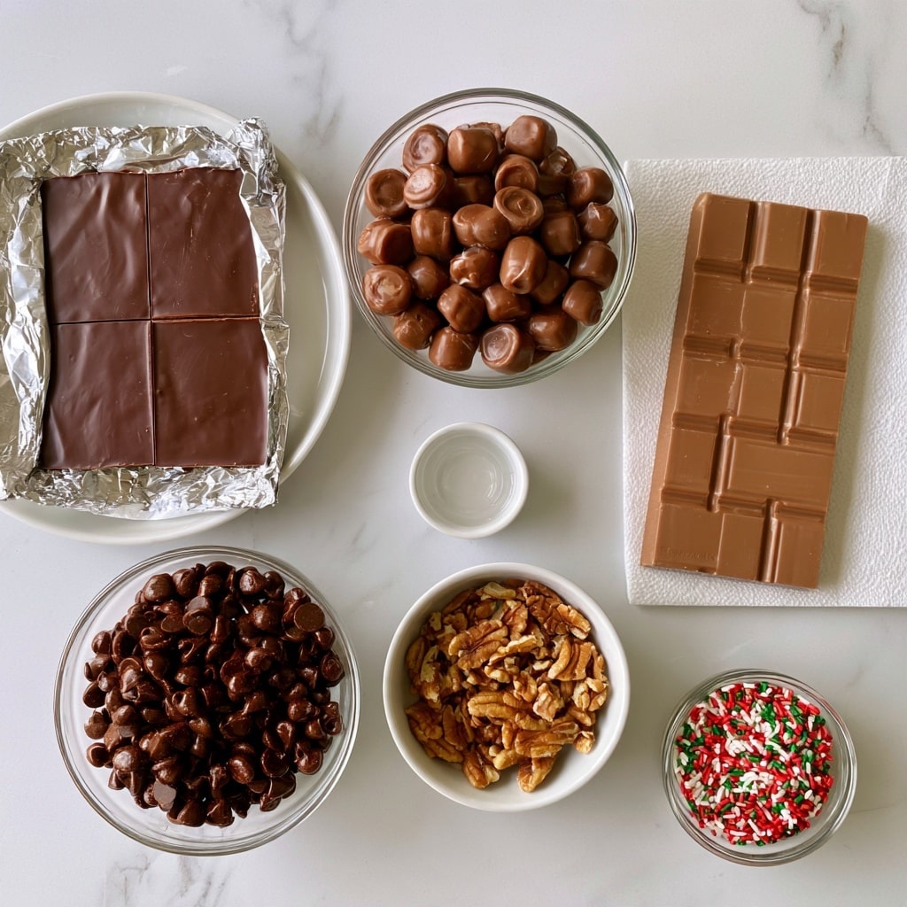 A top view of several small white bowls and a white plate placed on a white marbled surface. In the middle, there is a clear round bowl filled with brown rolo candies. To the left, a white plate holds a rectangular chocolate almond bark partially unwrapped with silver foil, showing dark brown smooth chocolate divided into four squares. Below it is a clear bowl filled with semi-sweet chocolate chips, dark brown and glossy. To the right, a large bar of German's sweet chocolate with light brown color and divided into rectangular pieces sits on a white napkin. Below that is a small white bowl filled with pecan halves in light brown and golden shades. Near the bottom right corner, another clear small bowl contains red, green, and white sprinkles. In the center, there is a small white dish with vanilla extract visible as clear liquid. The overall layout is neat and colorful. photo taken with an iphone --ar 4:5 --v 7