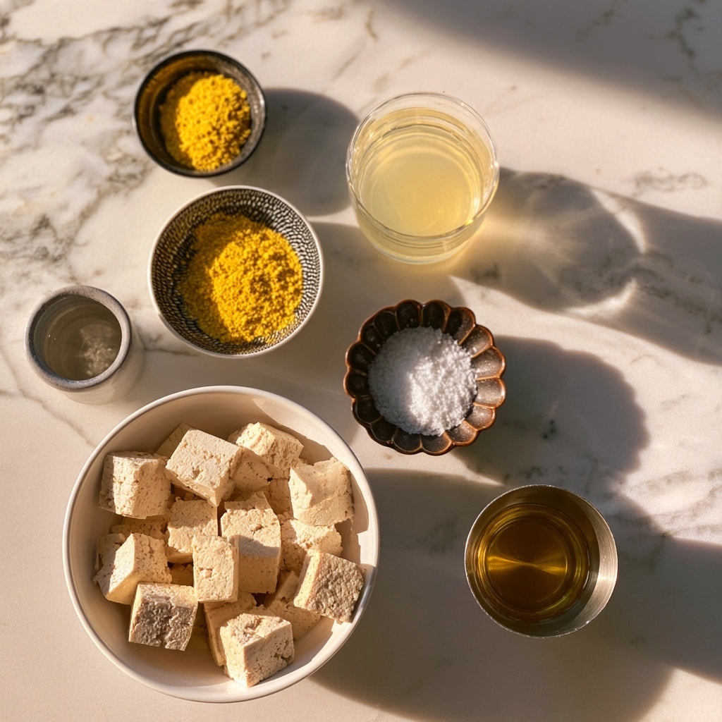 A top view of six small bowls and cups arranged on a white marbled surface, each holding different ingredients. The largest bowl, white, is filled with cubed firm tofu pieces that are pale beige with a slightly porous texture. Next to it are five smaller containers: a small gray cup with clear apple cider vinegar; a black and white patterned bowl holding bright yellow nutritional yeast flakes; a clear glass cup with light yellow lemon juice; a dark brown scalloped bowl filled with white salt; and a metal cup containing golden olive oil. The scene is lit softly, showing a clean and organized layout photo taken with an iphone --ar 4:5 --v 7
