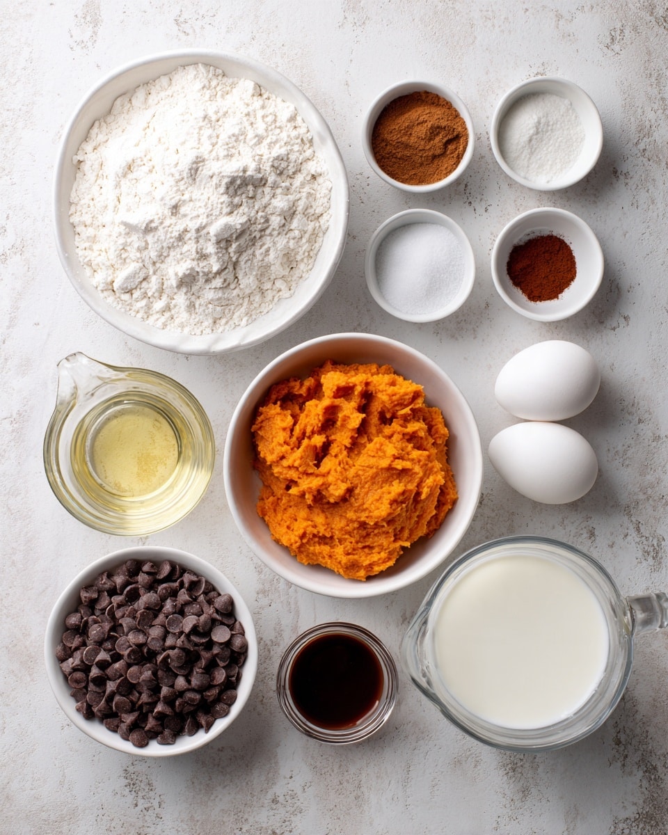 The image shows a collection of baking ingredients arranged neatly on a white marbled surface. At the top left is a white bowl filled with white gluten-free flour, with a slight indentation in the center. Above and to the right are three small white bowls containing white baking powder, white salt, and brown cinnamon powder, each labeled clearly. Below these are two small white bowls with dark brown pumpkin pie spice and dark red-brown vanilla extract. To the left center is a clear glass measuring cup with light yellow oil, next to a smaller white bowl filled with white sugar. Two white eggs lie near the sugar. At the bottom center is a white bowl loaded with bright orange pumpkin puree with a thick texture. To the left is another white bowl holding allergen-free chocolate chips, half white and half dark brown. Lastly, on the bottom right is a clear glass measuring cup filled with white non-dairy milk. Photo taken with an iphone --ar 4:5 --v 7