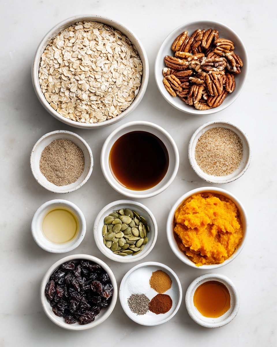 A top-down view of multiple small white bowls placed on a white marbled surface, each filled with different ingredients: one large bowl filled with pale beige gluten-free oats at the top left; next to it at the right is a bowl of chopped brown pecans; below the pecans is a bowl of light brown brown sugar; at the bottom right is a bowl of bright orange pumpkin puree; next to the pumpkin puree is a small bowl of clear coconut oil; in the center right is a small bowl of dark amber maple syrup; below the maple syrup is a small bowl of dark vanilla extract; at the bottom center is a white bowl filled with dark, wrinkled raisins; on the bottom left is a bowl with six different ground spices arranged in small piles of varying shades of brown and white, labeled salt and spices; just above the spices is a bowl of mixed green pumpkin seeds; and to the left of the pumpkin seeds is a bowl of light brown flaxseed meal. All ingredients are clearly separated and labeled with black text on or over each bowl. The whole arrangement is neat and well-lit, emphasizing the textures and colors of each ingredient. Photo taken with an iphone --ar 4:5 --v 7
