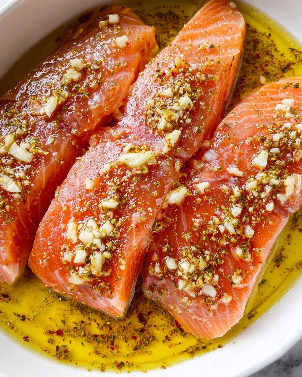 The image shows three pieces of raw salmon placed closely inside a white dish. The salmon fillets have a bright pink-orange color with a slightly glossy texture from being coated in a yellow marinade. Scattered on top are small bits of minced garlic and sprinkled herbs, adding white and green specks over the fish. The marinade pools around the fillets, creating a shiny, oily surface that reflects light. The dish sits on a white marbled surface, enhancing the freshness of the ingredients photo taken with an iphone --ar 4:5 --v 7