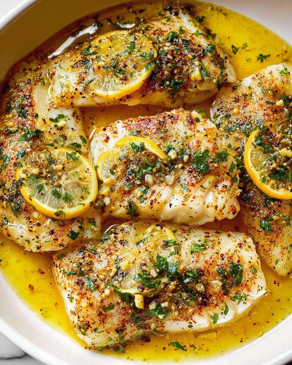 The image shows four cooked white fish fillets arranged closely in a white bowl, each topped with small green herb pieces and finely chopped garlic. The fillets have a golden brown, slightly crispy texture with visible black pepper and seasoning scattered on top. Bright yellow lemon slices are placed between and on top of the fish pieces, with some herbs resting on them. The bowl is filled with a golden buttery sauce that glistens around the fillets, enhancing their rich color against a white marbled surface background. Photo taken with an iphone --ar 4:5 --v 7