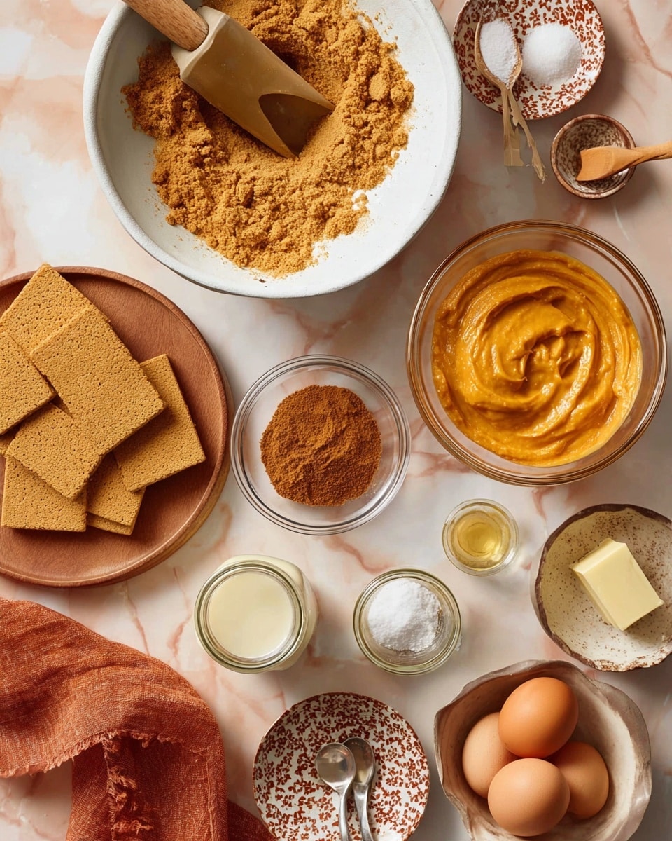 A top view of various baking ingredients arranged on a white marbled surface: a large white bowl with golden brown crushed graham crackers and a wooden-handled scoop, a glass bowl with smooth orange pumpkin puree, a round wooden plate holding a small white bowl of brown sugar, a glass of creamy beige liquid, and several whole square graham crackers with some broken pieces, a small glass container with a stick of butter, a small golden bowl of white salt, a brown and white patterned plate with a jar and spoon of cinnamon powder, and a small beige bowl holding two brown eggs; beside these is a white bowl with an orange cloth, a spatula with a wooden handle inside; photo taken with an iphone --ar 4:5 --v 7