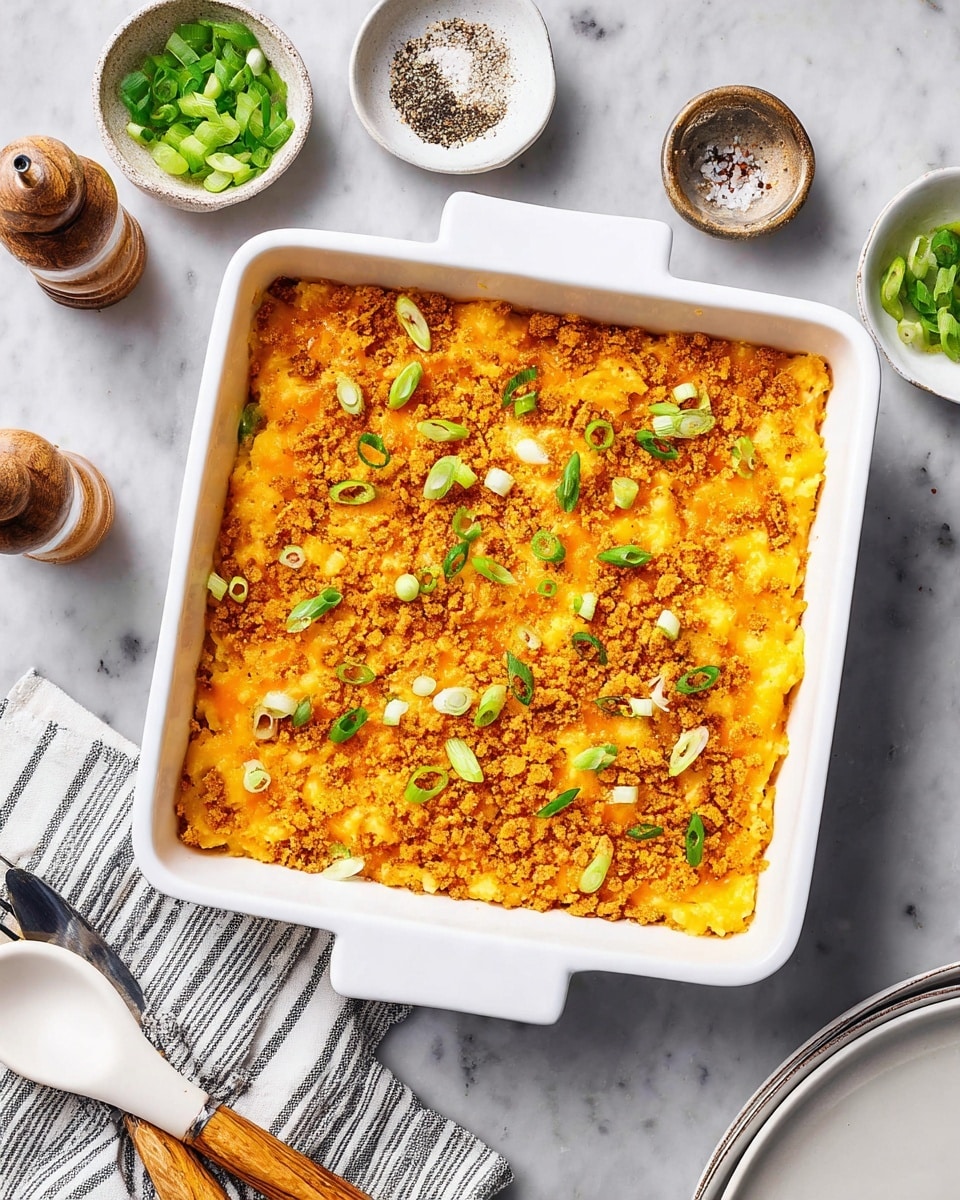 A white square baking dish filled with three visual layers: the bottom layer is creamy and pale, likely mashed or soft cooked food; the middle layer is melted yellow-orange cheese visible around edges; the top layer is a golden-orange crumbly crust, unevenly spread with small crunchy bits and toasted spots, scattered with sliced green onions adding bright green and white contrast. Around the dish are small bowls, one with sliced green onions and another with coarse salt and pepper, on a white marbled surface with a striped cloth under one corner. A white plate with a fork and spoon with white and wooden handles is partially visible at the bottom right. Photo taken with an iphone --ar 4:5 --v 7