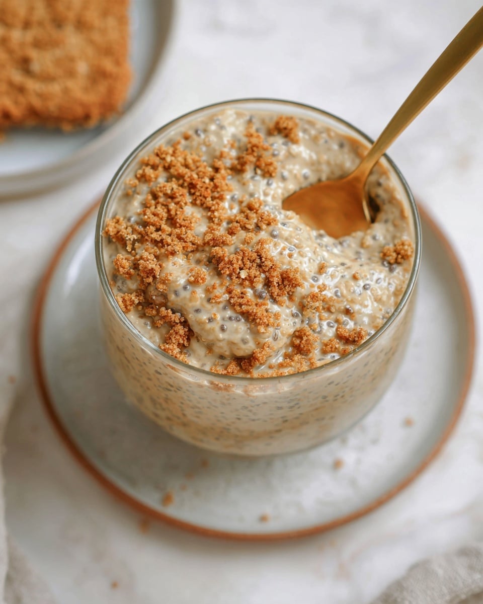 The image shows a thick pudding in a clear glass cup placed on a white plate with a white marbled background. The pudding has a creamy texture, beige color with dark chia seeds scattered throughout and a crumbly light brown topping sprinkled on the surface. A golden spoon is inserted into the pudding, slightly lifting some of it, and part of a biscuit or cookie is visible at the upper left corner. The overall look is smooth yet textured, with warm beige and brown tones. photo taken with an iphone --ar 4:5 --v 7