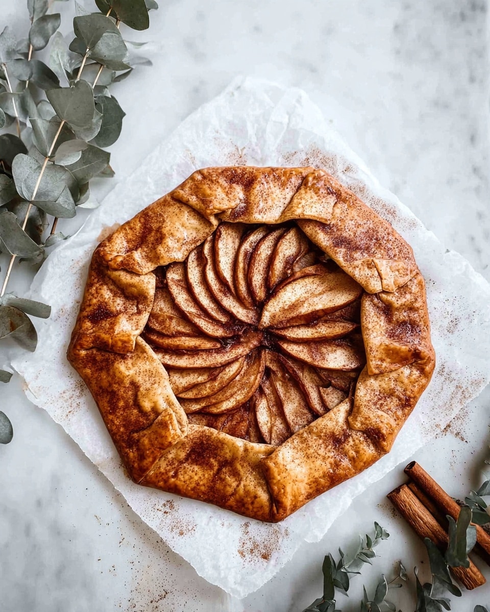 A round galette with an outer crust that is golden brown, shiny, and slightly thick, folded inward to form a rough hexagon shape. Inside, thin apple slices are layered closely in a concentric spiral, starting from the center to the edges, with a warm brown cinnamon coating that adds texture and color. The galette sits on white crumpled parchment paper placed on a white marbled surface. Nearby, there are a few dried green-grey eucalyptus leaves and a small bundle of cinnamon sticks on the left side. photo taken with an iphone --ar 4:5 --v 7