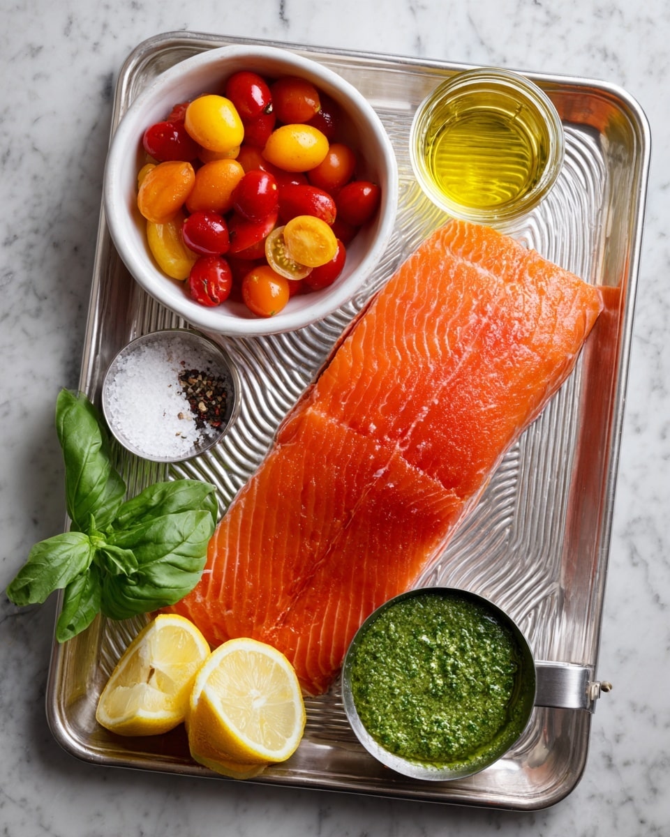 A large, fresh salmon fillet with a smooth, shiny orange surface rests on a silver metal tray with curved lines. To the top left of the salmon, there is a white bowl filled with red, orange, and yellow cherry tomatoes, some cut in half showing their juicy insides. Above the bowl is a small jar of olive oil, clear and light yellow. Below the bowl are two small round containers, one with white salt and the other with ground black pepper. At the bottom of the tray, there are two lemon halves, bright yellow, with fresh green basil leaves next to them. At the bottom right corner of the tray, a metal measuring cup is filled with bright green basil pesto, thick and textured. The tray is placed on a white marbled surface photo taken with an iphone --ar 4:5 --v 7
