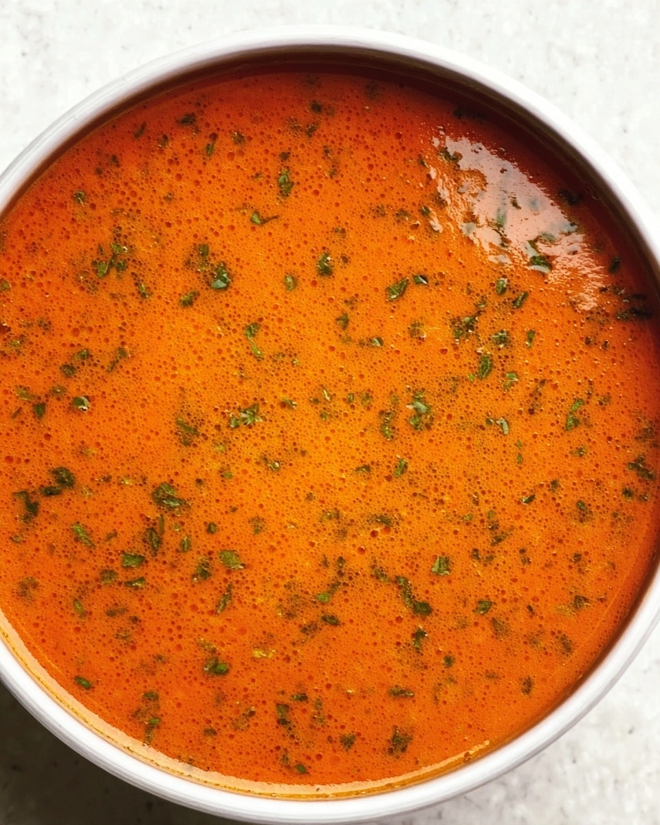 A close-up top view of a round white bowl filled with a smooth, bright orange soup with tiny green herb pieces sprinkled throughout, giving it a slightly speckled texture. The soup surface looks creamy and evenly spread with a shiny finish, showing hints of spices blended well. The background is a white marbled texture. Photo taken with an iphone --ar 4:5 --v 7