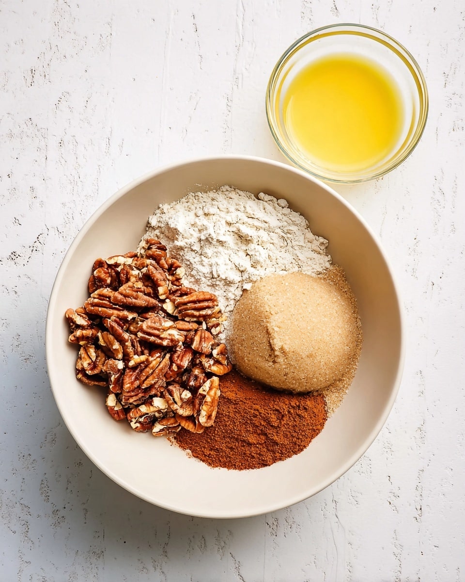A white bowl holds four separate layers of ingredients: on the top right is a large, smooth round scoop of light brown sugar, below and to the left of it is a mound of fine white flour, next to the flour is a pile of reddish-brown ground cinnamon, and on the left side of the bowl are chopped pecans with a rough texture and a rich brown color. Above and to the right of the bowl is a small clear glass bowl filled with melted yellow butter. All is set on a white marbled surface. Photo taken with an iphone --ar 4:5 --v 7