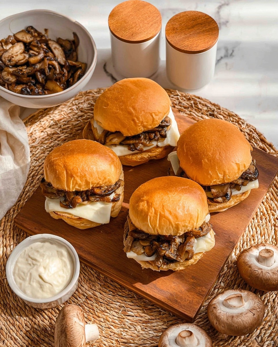 The image shows four mushroom and cheese sandwiches on a wooden board placed over a woven mat. Each sandwich has three layers: a soft, golden-brown top bun, a middle layer of cooked mushrooms with a glossy, dark brown texture, and a bottom layer of melted white cheese under the mushrooms, all resting on a golden-brown bottom bun. Nearby on the white marbled surface, there are two whole mushrooms, a small white bowl with cooked mushrooms, another small white bowl filled with a creamy white sauce, and two white containers with wooden tops. The scene is lit naturally, giving a warm, inviting look. Photo taken with an iphone --ar 4:5 --v 7