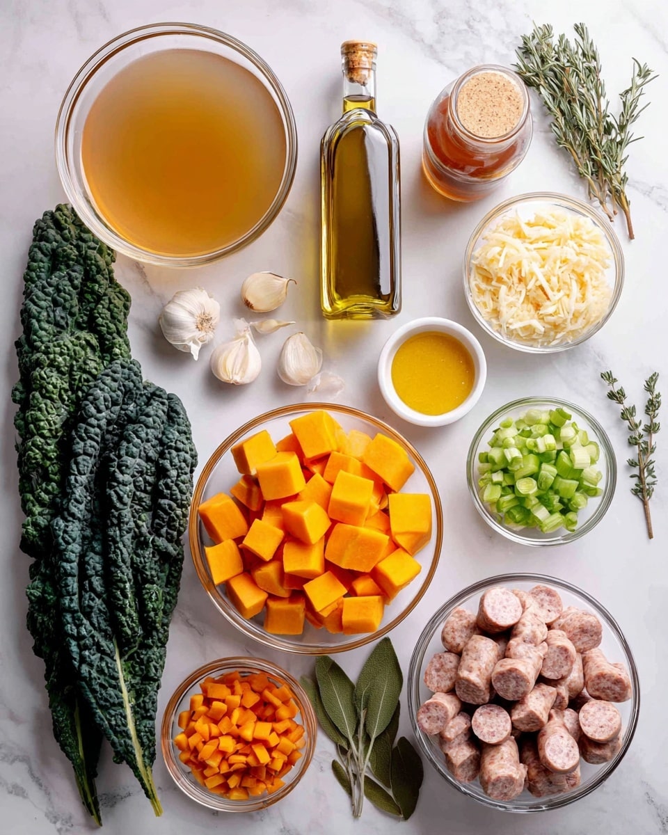 A top-down view of many cooking ingredients arranged neatly on a white marbled surface. At the top left corner, a large glass bowl holds a light golden-brown liquid labeled chicken broth. Next to it, a tall clear bottle of olive oil with a golden shade stands upright, and beside it is a small jar filled with amber-colored apple cider. To the right, a small deep white bowl contains shredded apple with a pale yellow color. Below the broth, there are three cloves of garlic with a beige outer skin. In the center, a large clear bowl is filled with bright orange cubed butternut squash, and to its right, a small clear bowl holds chopped light green celery. Below the celery, a deep white bowl is filled with raw Italian sausages showing a pink and white marbled texture. Surrounding the sausages is a bunch of curly, dark green kale. Towards the bottom left, a small white bowl contains a yellow dollop of Dijon mustard. Next to it, a medium clear bowl holds small bright orange diced carrots. Below the carrots, a cluster of fresh green herbs includes thyme, sage, and a bay leaf on a cutting board. Further right, a small clear bowl holds a mix of wild rice in brown and white colors, and next to it, a small deep white bowl contains grated pale yellow Parmesan cheese. At the far bottom left, a small white bowl is filled with chopped yellow onion. The arrangement is colorful, orderly, and well-lit, with a clear focus on the textures of each ingredient. photo taken with an iphone --ar 4:5 --v 7
