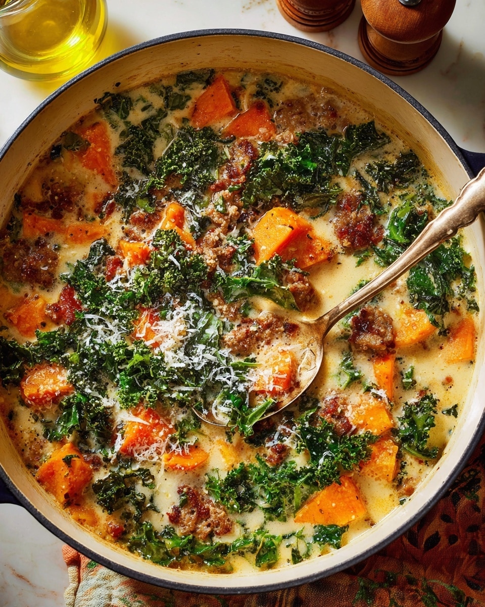 A close-up of a white Dutch oven filled with creamy soup showing multiple layers: the bottom layer is a light creamy broth; on top are bright orange chunks of sweet potato, dark green kale leaves, and small pieces of browned sausage scattered throughout. The soup is sprinkled with grated cheese adding a textured white layer over the colorful mix. A vintage-style brass spoon rests inside the pot. Around the pot, the surface is a white marbled texture with a glass container of oil and two wooden spice grinders partly visible near the top edge. photo taken with an iphone --ar 4:5 --v 7