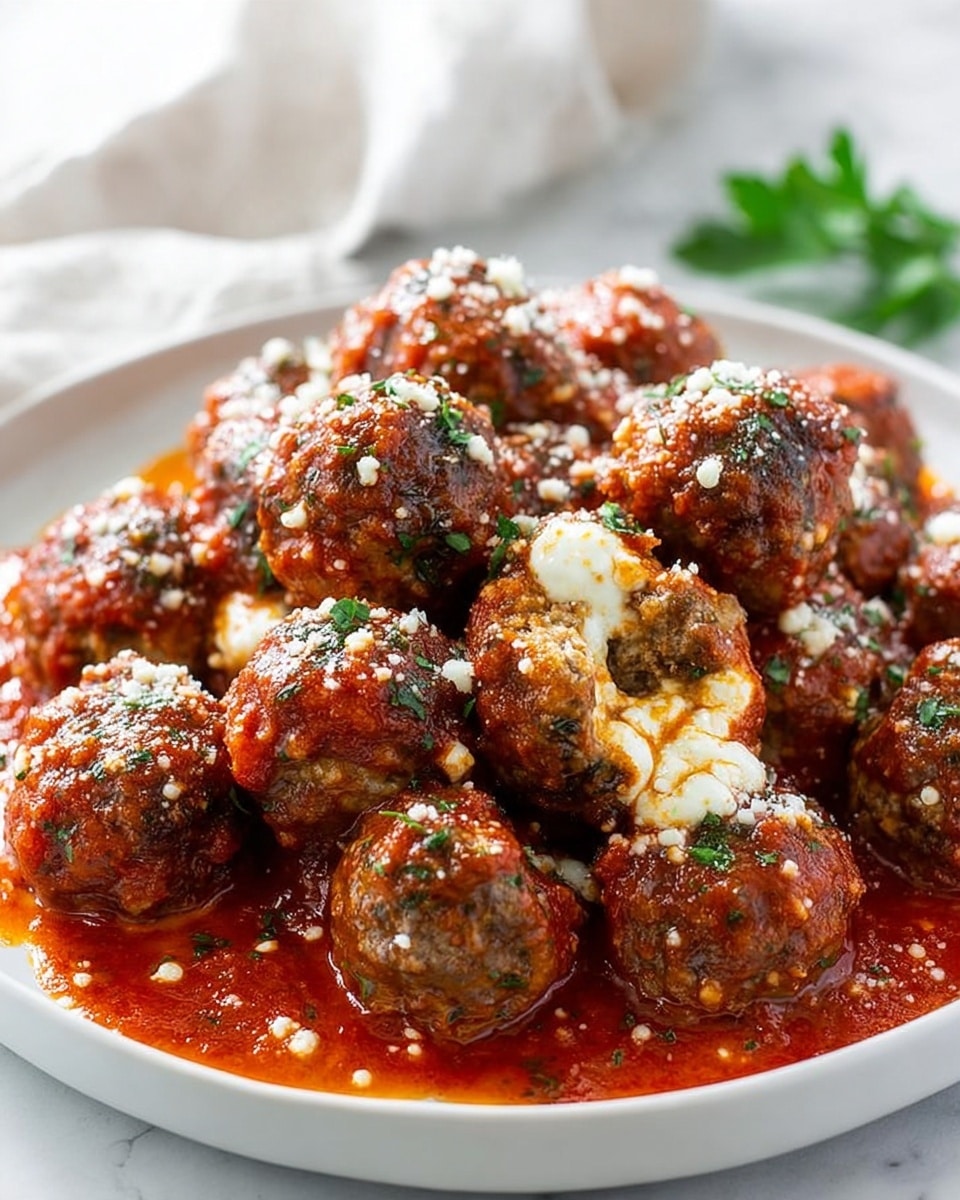 A white plate filled with about 20 round meatballs covered in rich red tomato sauce, scattered with small green herb pieces and light sprinkles of grated cheese. Some meatballs have gooey white cheese oozing out, adding a creamy texture. The plate sits on a white marbled surface with a white cloth and green leaves blurred in the background. The sauce is thick and smooth, pooling beneath and around the meatballs. photo taken with an iphone --ar 4:5 --v 7