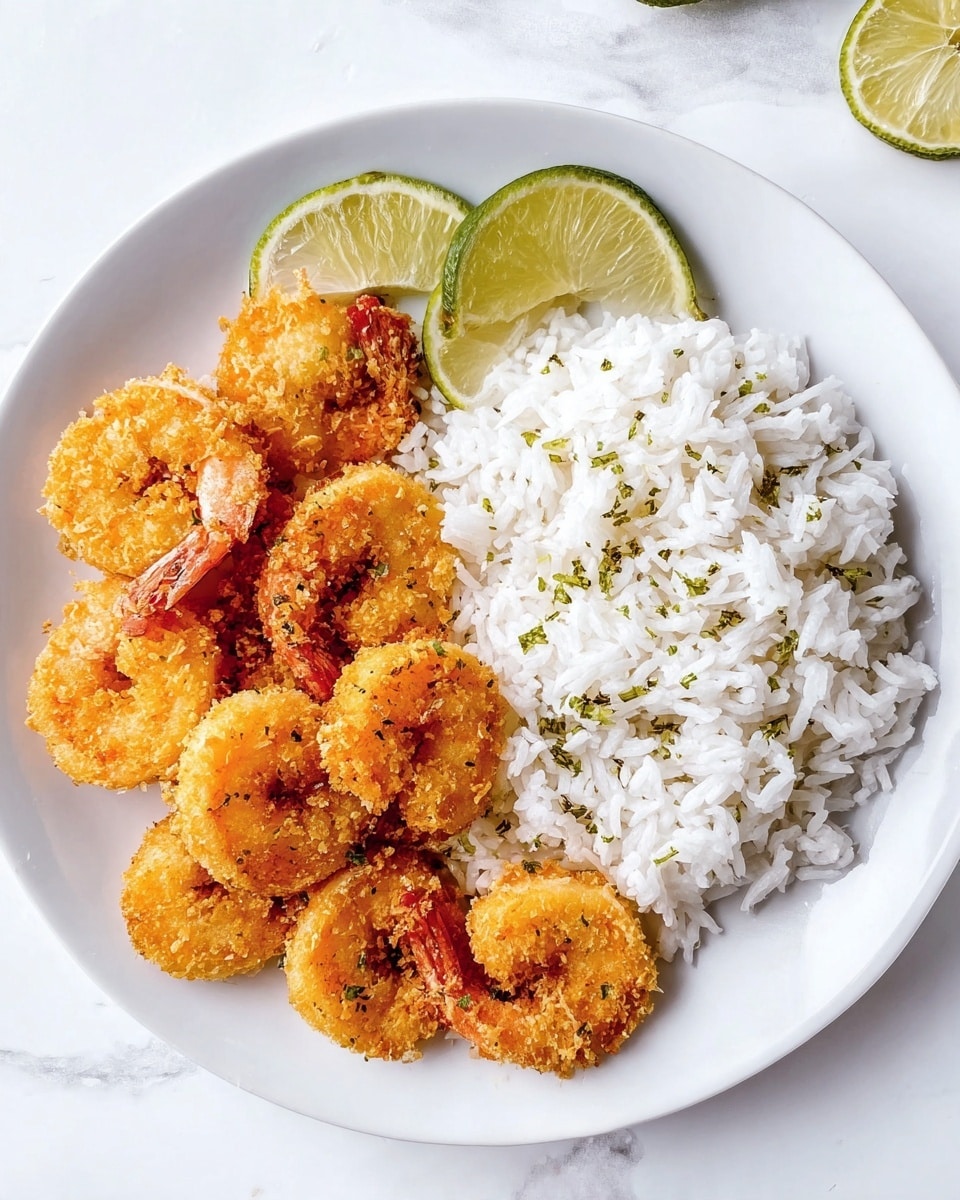 On a white plate, there is a serving of white rice on the right side, with its grains clearly visible and spread in a semi-circle shape. On the left side, there are eight golden brown fried shrimp arranged closely together, showing a crispy texture with some small bits coating the shrimp. Two wedge slices of lime are placed on top of and near the shrimp, adding a fresh green contrast. The plate sits on a white marbled surface with a clean, bright appearance. Photo taken with an iphone --ar 4:5 --v 7
